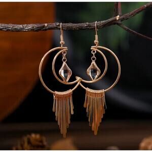 Bohemian Moon Drop Earrings for Women, Vintage Style, Tassel Pendant Waterfall